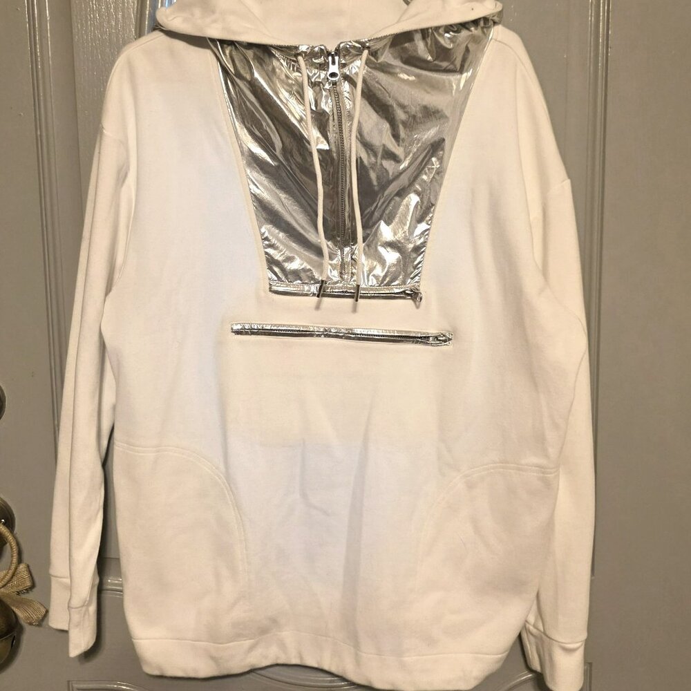 BNWOT J Crew White & Silver Metallic 3/4 Zip Hoodie Size M